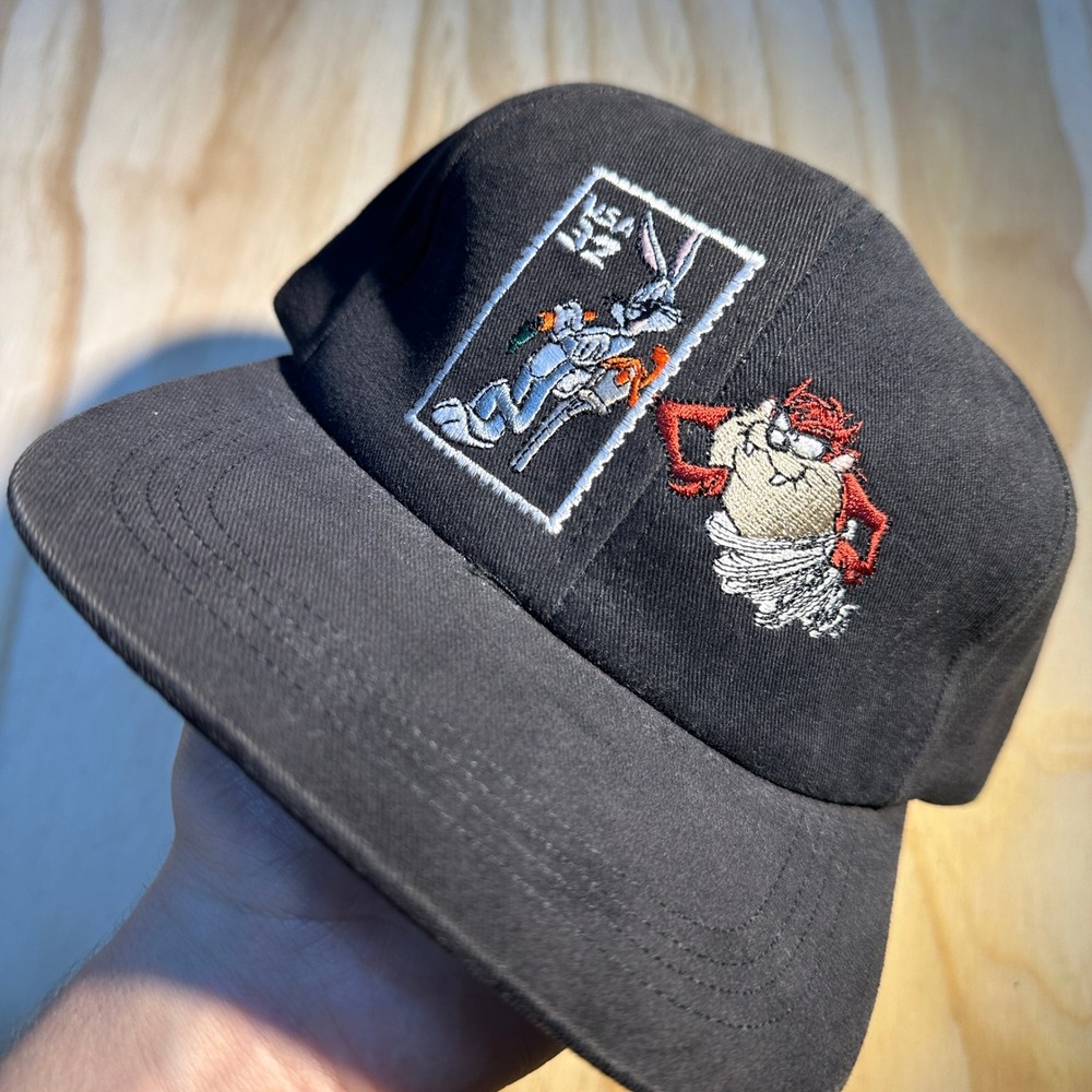Looney Tunes Stamp Collection Bugs Bunny Taz Black Snapback Hat Made in USA 90s